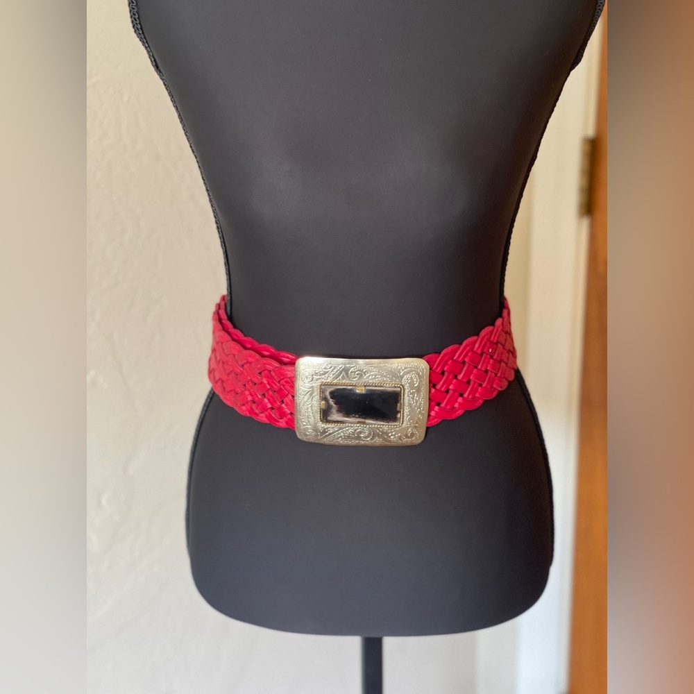 Red Braided Leather Belt with Silver Buckle 45inches